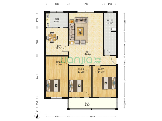 君悦花园 3室2厅1卫 140平方