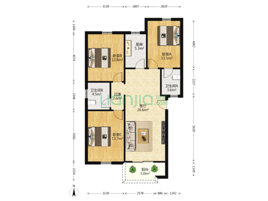 振兴小区 3室1厅2卫 102平方