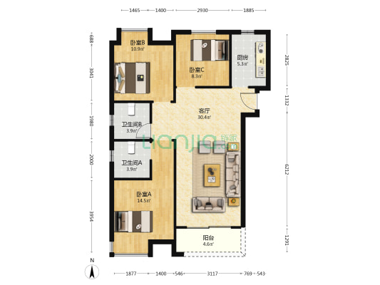 幸福湾星锦 3室1厅2卫 111平方