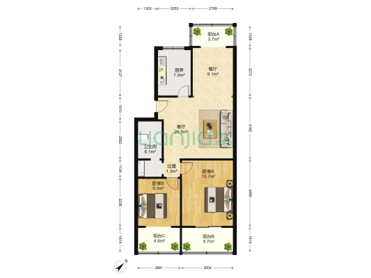 圣地名居 2室2厅1卫 89平方
