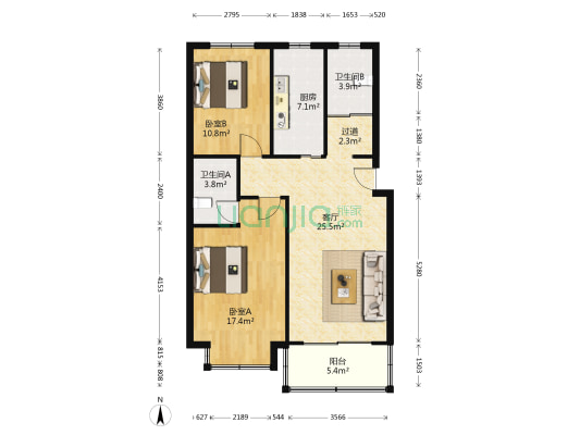 金鑫花苑 2室1厅2卫 91平方