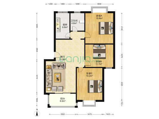 水岸·毕家索 3室1厅1卫 107平方