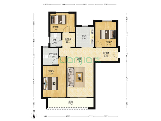 新区万科城 3室1厅2卫 113平方