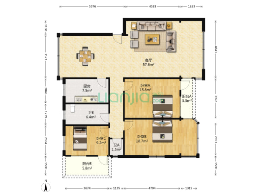 乐园二路6号 3室1厅2卫 129平方