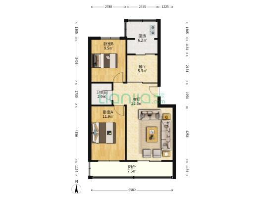 仙颐园小区 2室2厅1卫 86平方