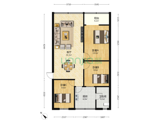 中庆花园 3室1厅1卫 98平方
