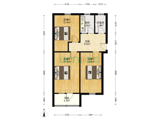 滦管楼 3室0厅1卫 74平方