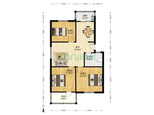 滨河小区 3室1厅1卫 90平方