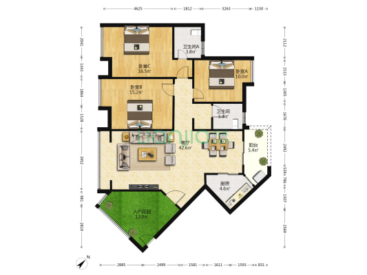 耀海明都 3室1厅2卫 136平方