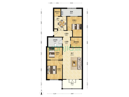 文艺路1号大院 3室2厅1卫 125平方