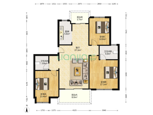 运新花苑二区 3室1厅2卫 138平方