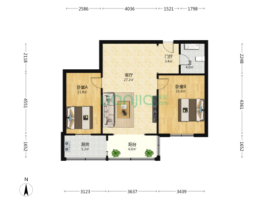 明和彩座 2室1厅1卫 98平方
