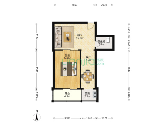 智贤公寓 1室2厅1卫 57平方