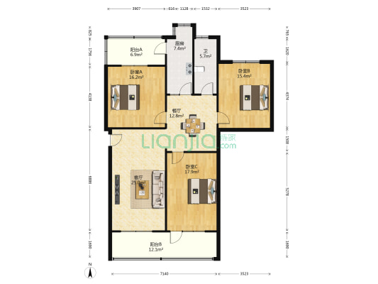 工行桥西支行宿舍 3室2厅1卫 122平方