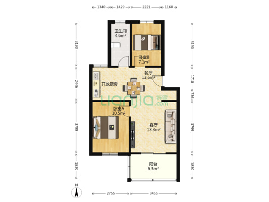 定淮门6号 2室2厅1卫 68平方