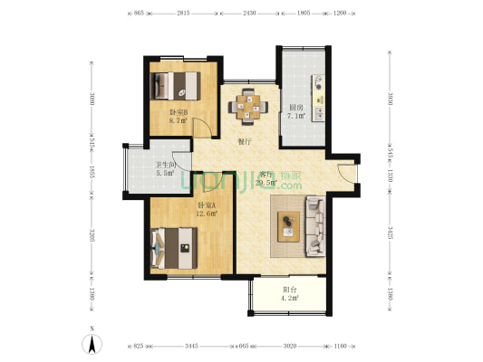 海洋城L 2室1厅1卫 100平方