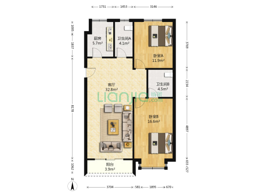 龙河家园 2室1厅2卫 98平方