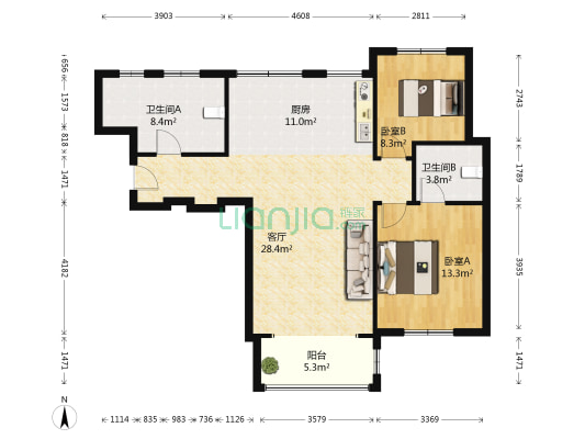 万达华宅F区 2室1厅2卫 108平方
