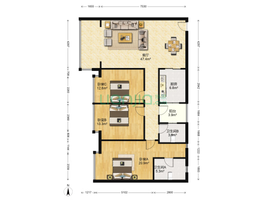码坪社区 3室1厅2卫 132平方