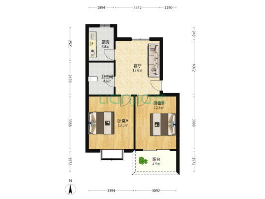 黎明苑 2室1厅1卫 68平方