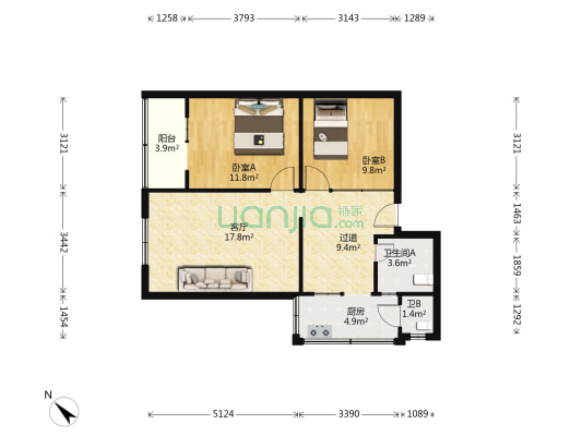 贵州省化工院宿舍 2室1厅2卫 75平方