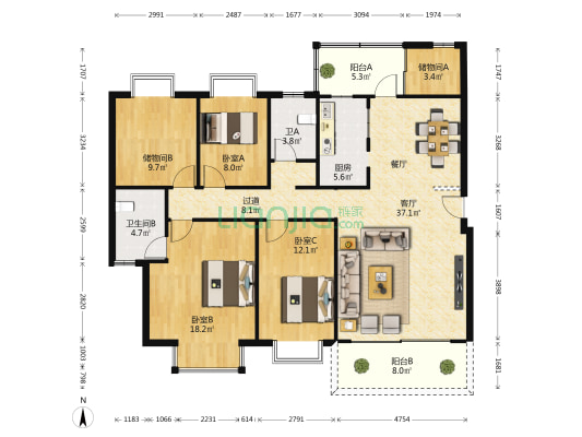 天赐良园 3室1厅2卫 148平方