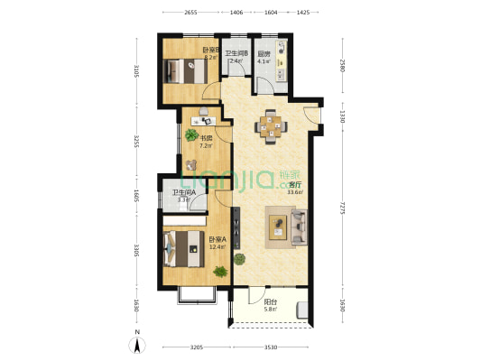 全明格局 集中供暖 一梯两户 得房率高 没有浪费空间-户型图