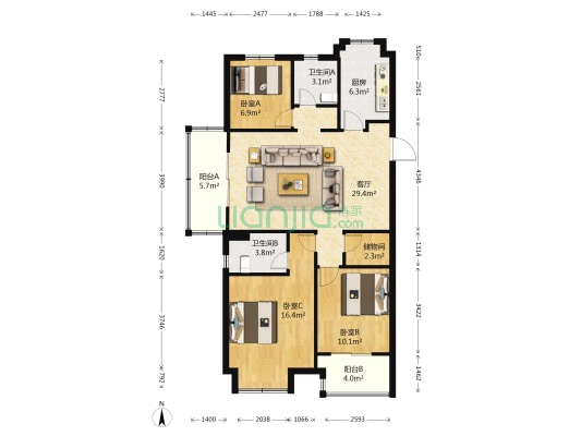 华堂嘉园 3室1厅2卫 115平方