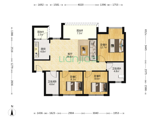 世纪豪庭三期 3室1厅2卫 97平方