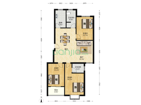 汇银怡和苑 3室1厅2卫 114平方