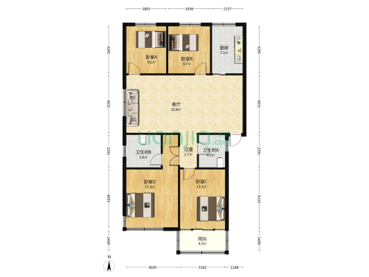 南明路小区 4室1厅2卫 127平方