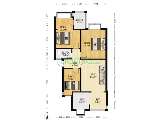 鸿运小区 3室2厅2卫 80平方