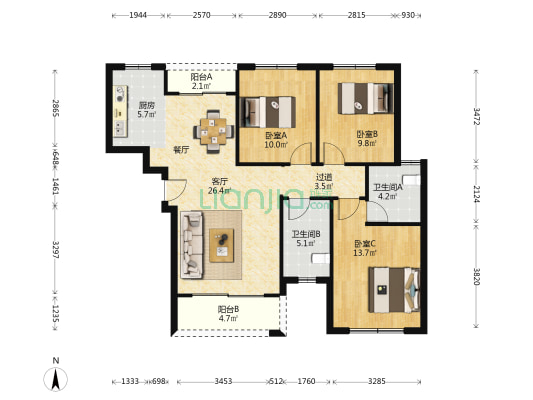 中安善化国际 3室1厅2卫 115平方