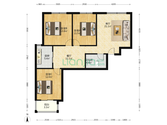 宏远景园 3室1厅 南 北-户型图