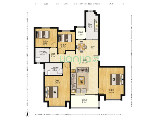 恒大铂珺花园二区 4室1厅2卫 163平方