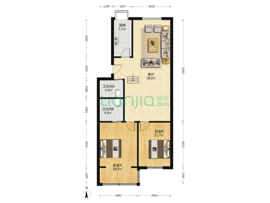 汇福苑B区 2室1厅2卫 103平方