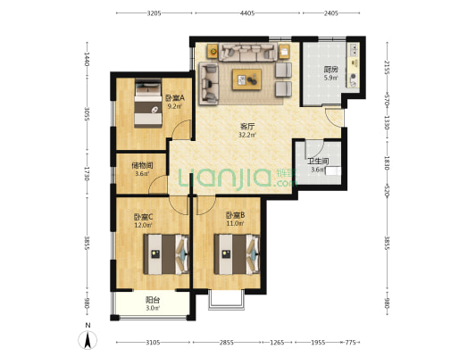 精装三居，房本满五唯一，业主诚心出售-户型图