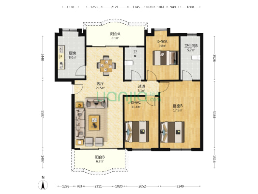 银峰花园 3室1厅2卫 122平方