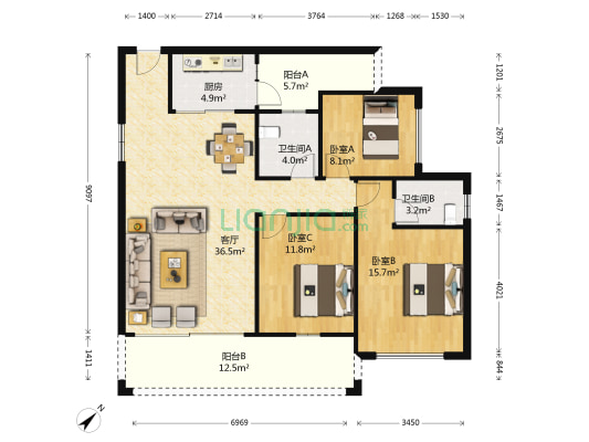 东家华府 3室1厅2卫 119平方