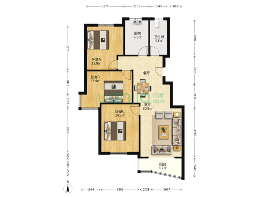 金盾花园 3室1厅1卫 113平方