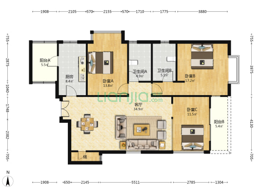 东方曼哈顿(尚东区) 3室1厅2卫 136平方