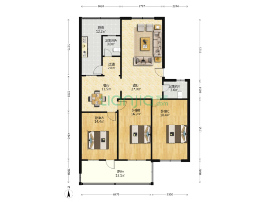 滨湖小区A区 3室2厅2卫 140平方