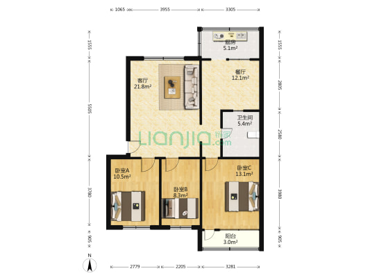 土地楼 3室2厅1卫 92平方