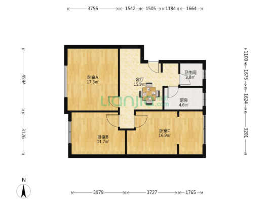 芳草西一街1号 3室1厅1卫 83平方