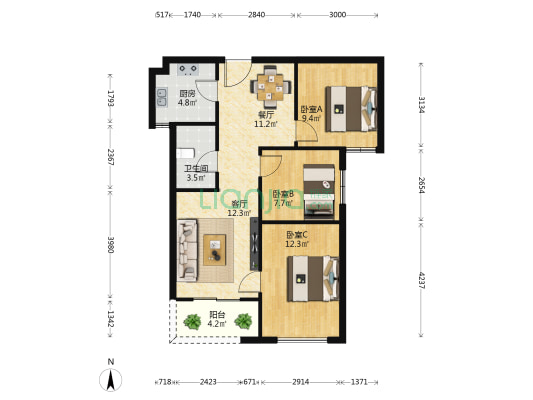汇泉景悦城1号院 3室2厅1卫 88平方