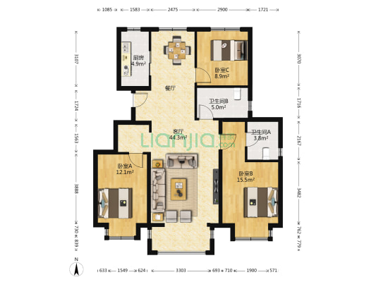 国际花园3号院 3室1厅2卫 128平方