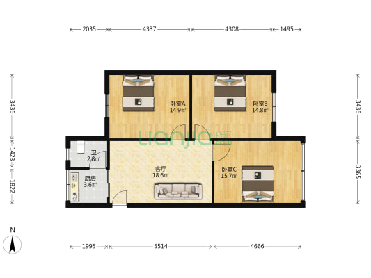 省府路55号 3室1厅1卫 90平方