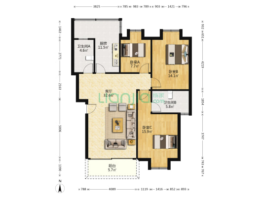 南溪花园 3室1厅2卫 108平方