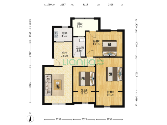 老法院南楼 3室1厅1卫 88平方