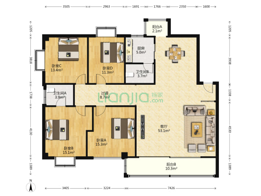 恒豐大厦 4室1厅2卫 136平方